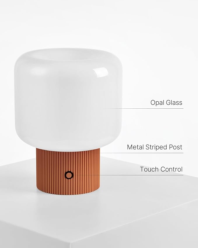 MAGCHARM Halo Mushroom Lamp, 5W Cute Cordless Rechargeable Table Lamp with Glass Shade, 3-Color Dimmable Small Retro Touch Bedside Lamp for Bedroom Ambient Decor (Orange)