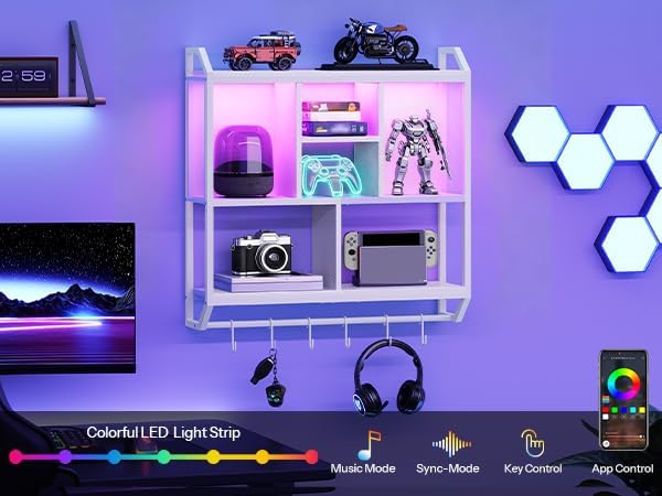 HOOBRO Gaming Floating Shelves with LED Lights, 28.7" LED Wall Mounted Shelf, 3-Tier Display Rack for Wall Storage, Floating Rack with Hanging Rod and 6 S-Hooks, for Gaming Room, White WT70DBJ01