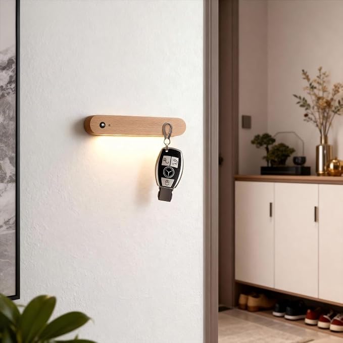 Wooden Motion Sensor Wall Light Magnetic Rechargeable Hallway 1-Pack | Night light warm LED glow, USB C, Detachable design, Tool-free mounting for closets, stairs, cabinets, entryways, home
