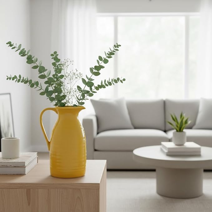 hjn Farmhouse Pitcher Vase for Flowers- Decrative Pitchers White Ceramic Pitcher Yellow Vase for Your Kitchen/Home Decor/Office/Living Room/Bookshelf/Mantel/-Yellow