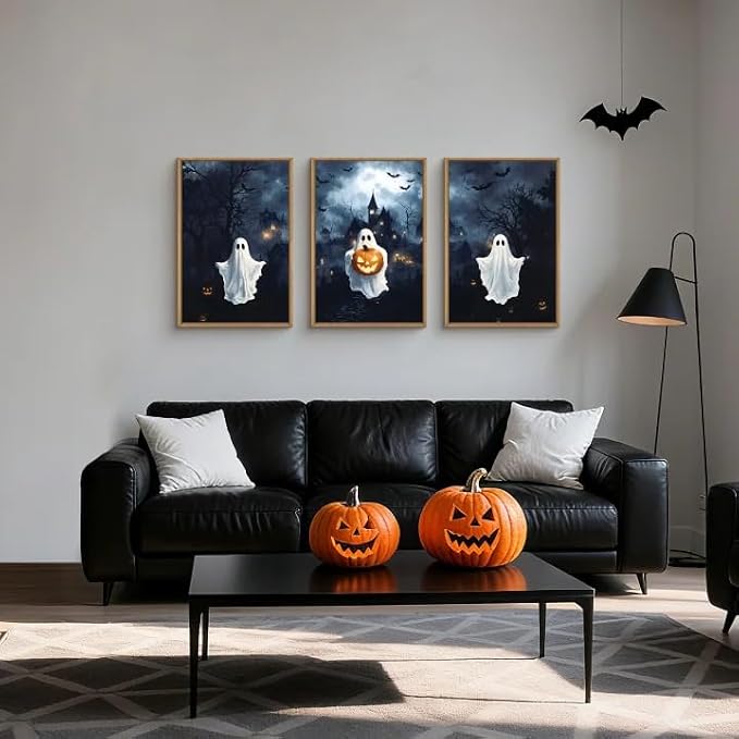 Large Spooky Halloween Framed Canvas Wall Art,Funny Ghost and Pumpkin Wall Decor,Eerie Night Castle Scene Artwork,Dark Bat and Full Moon Art Print for Living Room,Bedroom,Office- 24"x36"x3