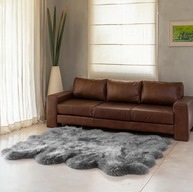 Premium Octo 100% Genuine Sheepskin Area Rug Long Hair (6x6 Ft) – Natural Soft & Fluffy Lambskin Rug for Bedroom or Living Room – Made in Argentina (Grey)