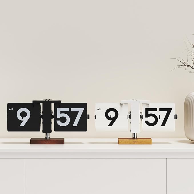 mooas Classic Modern Wood Big Flip Desk Clock (White), Retro Vintage Analog Design Auto Flip Clock Table Clock Large Number Battery Powered, Ideal for Home Office School Hotel Café
