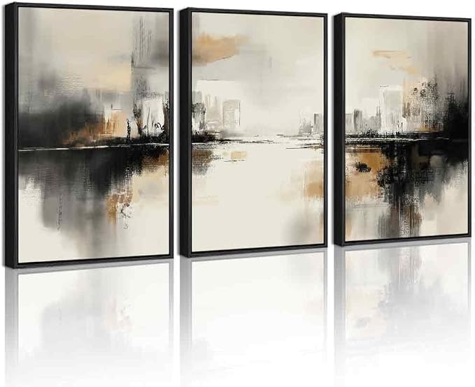 PHOPAGO Black Gray Abstract Landscape Framed Wall Art Brown Tan Neutral Wall Decor Minimalist Modern Illustrations Prints Bedroom Home Decor - 12x16in Black Framed