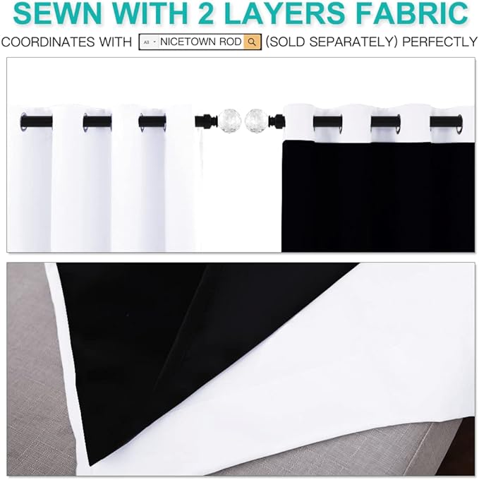NICETOWN 100% Blackout Window Curtain Panels, Full Light Blocking Drapes with Black Liner for Nursery, 72-inch Drop Thermal Insulated Draperies (White, 2 Pieces, 42-inch Wide Per Panel)
