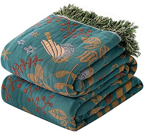 King Size Boho Throw Blanket for Sofa Couch Decor 100% Cotton Woven Bed Throws for All Season Lightweight and Soft Farmhouse Reversible Summer Muslin Blanket for Travel Picnic, Teal/Cream, 90''x98''