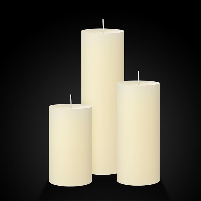 Shihanee Set of 6 Pillar Candles with Glass Cylinder Vases Clear Cylinder Hurricane Candleholders for Slim Tall Pillar Candles Wedding Table Centerpieces(3.4'' X 7", 9.8", 11.8",Ivory)