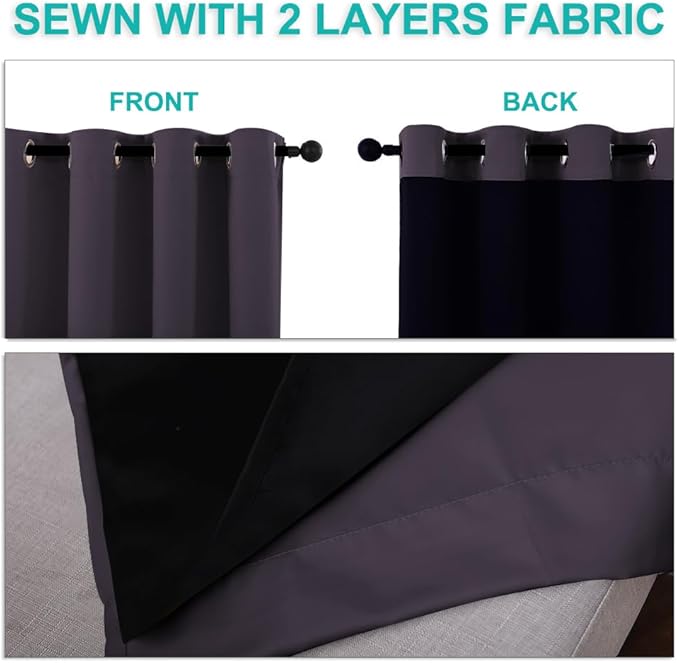 NICETOWN 100% Blackout Window Curtain Panels, Greyish Purple, 2 Pieces, 70" Wide Each Panel, Cold and Full Light Blocking Drapes with Black Liner for Nursery, 84" Drop Thermal Insulated Draperies