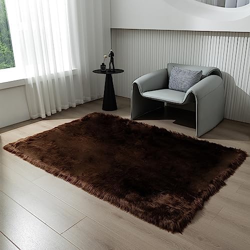 Faux Fur Rug Coffee Sheepskin Area Rug,Ultra Soft 4x6 ft Rectangular Shaggy Plush Rug for Bedroom Sofa Floor Bedside Living Room Kids Room