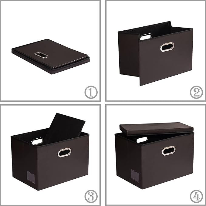PRANDOM Large Foldable Storage Bins with Lids [3-Pack] Leather Fabric Collapsible Storage Boxes Organizer Containers Baskets Cube with Cover for Home Bedroom Closet Office Brown(17.7x11.8x11.8)
