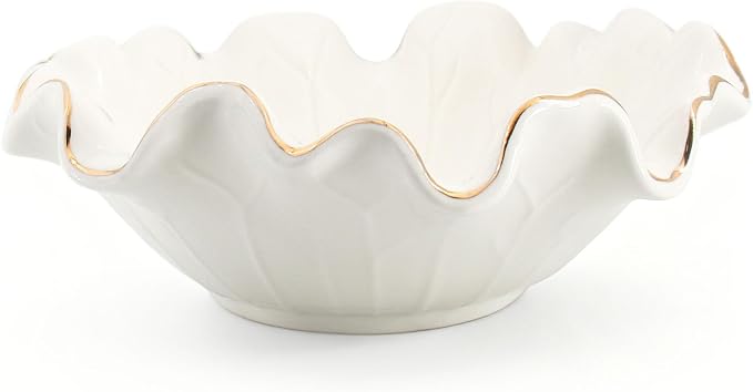 Handcrafted 8" White Ceramic Ruffle Bowl with Gold Trim – Modern Lotus Design, Small Shallow Decorative Bowl for Kitchen Counter & Key Holder for Entryway Table, Catch-All for Home Decor
