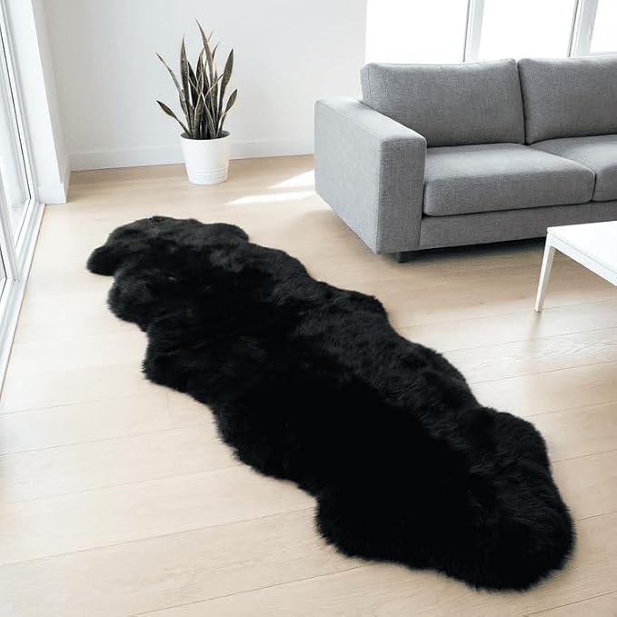 AOGELAN Area Rugs, Genuine New Zealand Sheepskin Rug, Soft Fur Throw Rug (Black, Double Pelt/2FT*6FT)