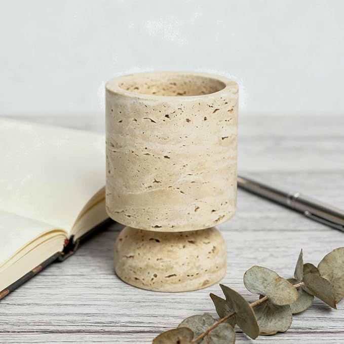 Farmhouse Travertine Pillar Candle Holder, Natural Stone Candlestick Decor | French Centerpieces for Table, Elegant Home Decor, Anniversary Weddings Gift