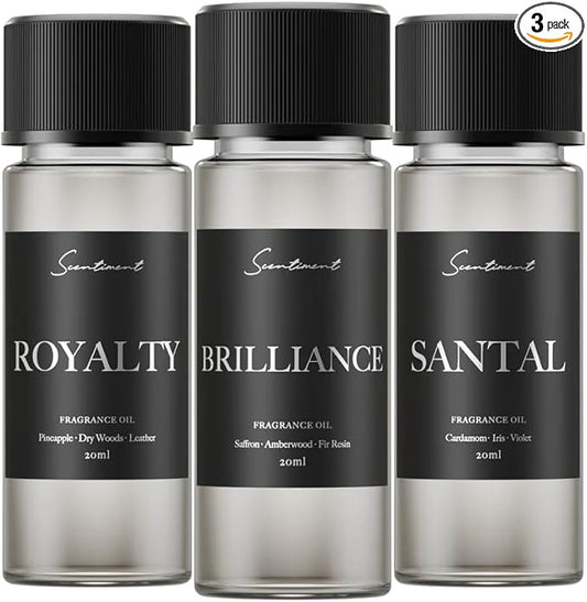 Scentiment Diffuser Oil Sample Set – 3 Pack (Royalty, Brilliance, Santal) | Pineapple, Saffron & Cardamom Blends | Luxury Hotel-Inspired Fragrance Oils for Cold Air Diffusers (3 x 20 mL)