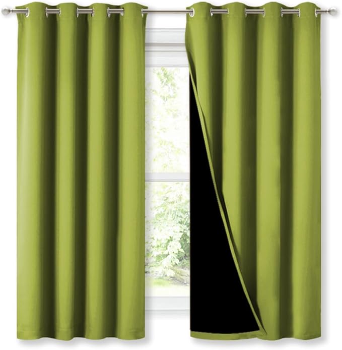 NICETOWN 100% Blackout Curtains 45 inches Long, Fresh Green, 1 Pair, 52 inches Width Each Panel, 2 Thick Layers Completely Blackout Window Treatment Thermal Insulated Lined Drapes for Small Window