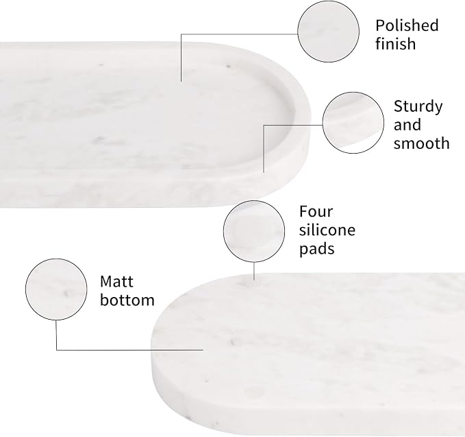 Natural Marble Tray Oval, Bathroom Vanity Tray for Countertop, Elegant Stone Decorative Organizer for Perfume, Jewelry, Home Decor (1, White, 10 x 5 x 0.6)