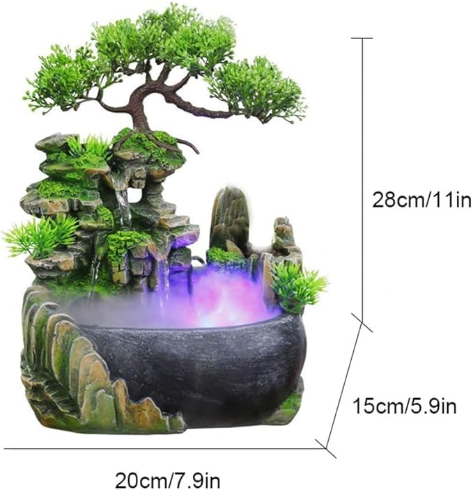 BRAVECOW Indoor Relaxation Desktop Fountain Waterfall with Atomizer and Automatic Pump Illuminated Waterfall Desktop Fountain for Home Office Bedroom Desk Decoration