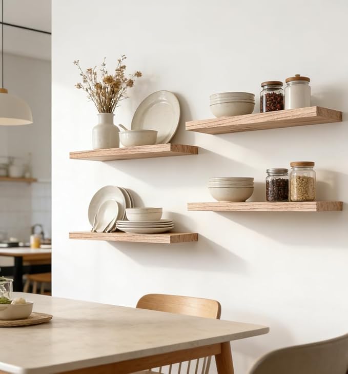 Rustic Wood Floating Shelves for Wall, Wooden Wall Shelves for Bedroom, Wall Mounted Shelves for Living Room, Set of 4 Light Brown 16 Inch