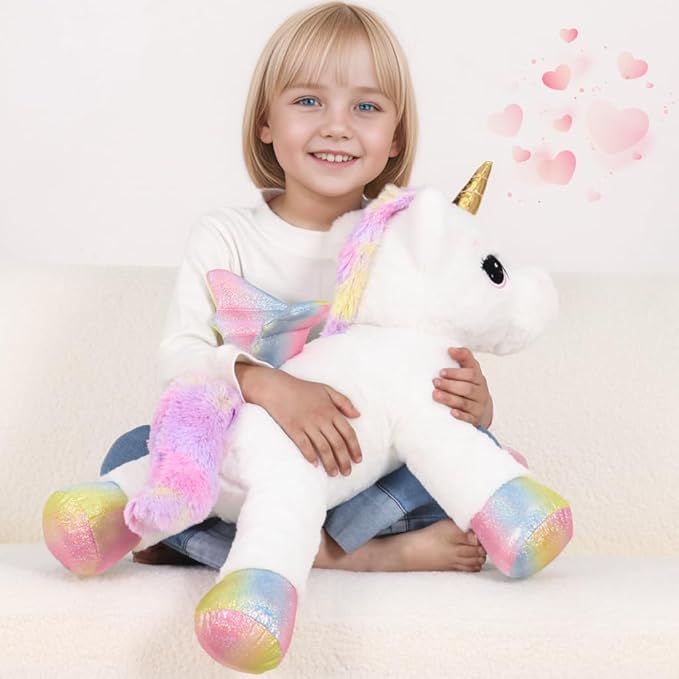 FFxiong 24 Inch Big Unicorn Stuffed Animal Plush Toy Pillow, Cute Soft Giant Unicorn with Rainbow Wings Large Doll, Gift for Children Girls Boys Kids Valentine Birthday Christmas