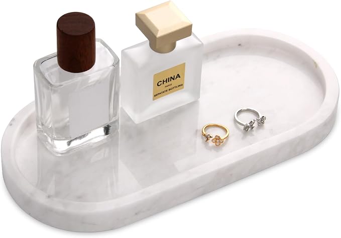 Natural Marble Tray Oval, Bathroom Vanity Tray for Countertop, Elegant Stone Decorative Organizer for Perfume, Jewelry, Home Decor (1, White, 10 x 5 x 0.6)
