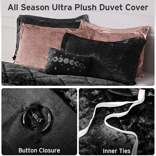 Intelligent Design Queen Duvet Cover Set, Velvet Queen Duvet Set, Luxury Diamond Quilting Black Duvet Cover, Fluffy Duvet Cover with Decorative Pillow and 2 Shams, 4 Pieces, Black, Full/Queen