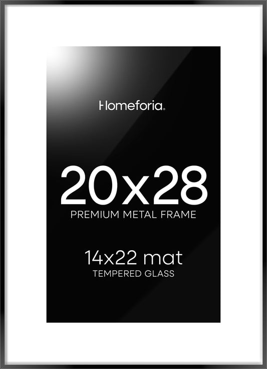 Homeforia 20 x 28 Picture Frame Black, High End Metal 20x28 Poster Frames with Mat 14x22 for Photo, 20 x 28 Black Frame Matted to 14 x 22 Print, 28x20 Hanging Frame, Tempered Glass, Wall Kit, Set of 1