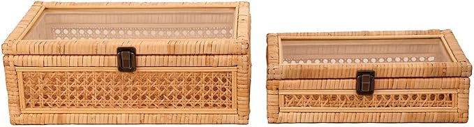 Extra Large Rattan Decorative Box With Lid, Glass Display, Wooden frame，Large size and Rectangular, Set of 2 Woven Decorative Boxes