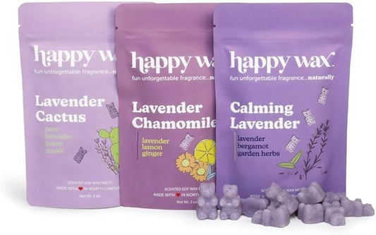Happy Wax Lavender Lovers Collection Scented Natural, Non Toxic Soy Wax Melts – 6 Total Oz. - Includes: Lavender Cactus, Lavender Chamomile and Calming Lavender