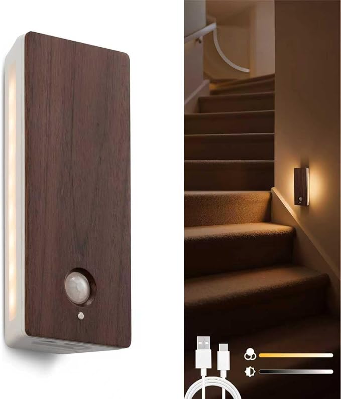 Wooden Motion Sensor Night Light, LED Backlit Nightlight, Rechargeable Light with Two-Sided Glow for Decor, Magnetic Stick-on, 3CCT Dimmable Lights for Hallway, Bedroom, Stairs