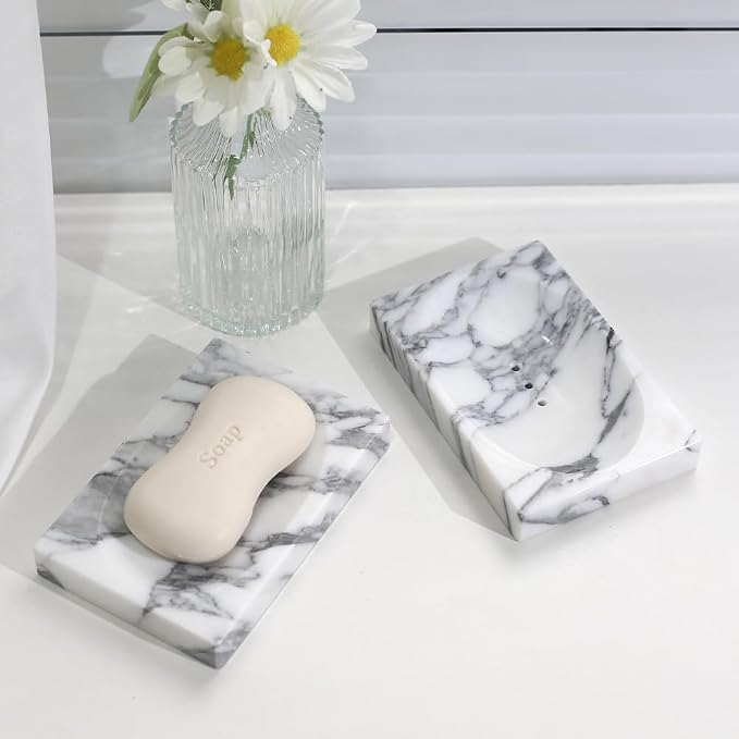 Luxurious Natural Marble Soap Dish Tray Marble Soap Holder Trinket Plate for Bathroom Sink Kitchen Countertop Bedroom Vanity Bathroom Accessory Rectangular (2 Pack)