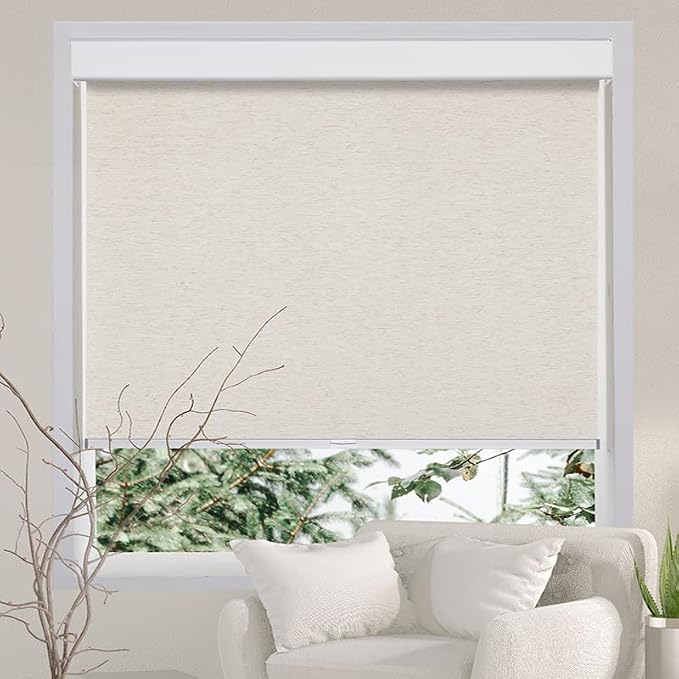 Persilux Free-Stop Cordless Blinds for Windows Shades Light Filtering Roller Shades for Windows (Cream 24" W x 72" H) Natural Woven Fabric UV Protection Insulation Roller Blinds for Windows, Home