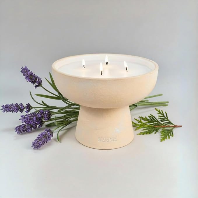 Blueme Sleep Candle | Lavender & Cypress | 4 Wick - Refillable Wellness Candle with Essential Oils, Hand Finished & Poured Soy Wax Blend Ceramic Vessel, Natural Cotton Wicks | Large 24 oz