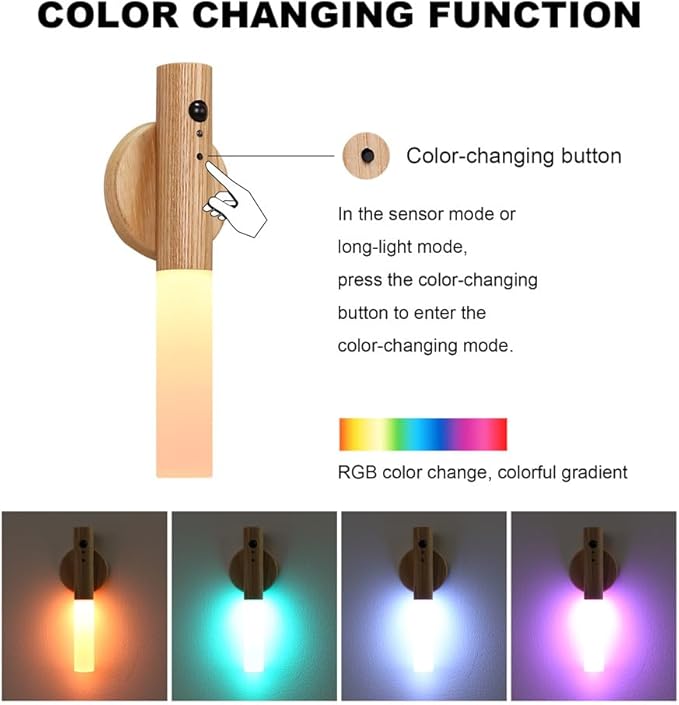 LANDGOO Wooden Motion Sensor RGB Night Lights Indoor, Magnet Body Hallway Rechargeable LED Wireless Battery Operated Wall Sconce (1, RGB Ash Wood)