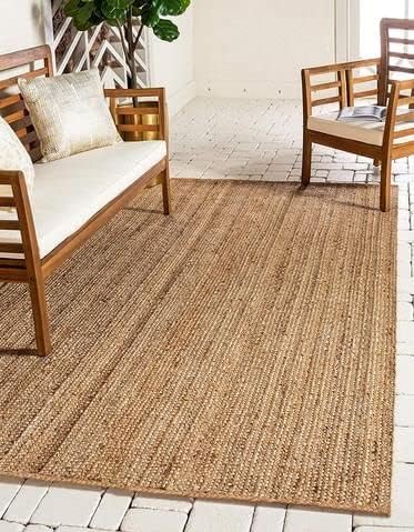 Hand Woven Jute Rug 5x8 Feet Rectangle - Handcrafted Braided Design, Indoor & Outdoor Reversible Natural Fiber Rug - Rustic Farmhouse Carpet for Living Room, Hallway, Bedroom (Natural, 5'x8')