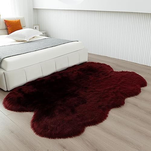 Faux Fur Rug Burgundy Sheepskin Area Rug,Ultra Soft Shaggy Plush Rug Bedroom Living Room Sofa Floor Kids Room Bedside（4 x 6 ft Sheepskin）