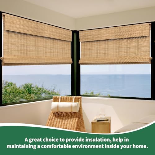 SMONTER Bamboo Roman Shades for Windows-Cordless Wooden Woven Blinds Light Filtering Bamboo Roll up Shades UV Protection and Easy Set up for Door and Countryhouse, 24" W x 64" H, Natural