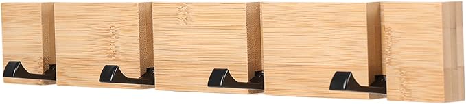 KYSMOTIC Wall Mounted Coat Rack with Foldable Hooks - Modern Space-Saving Wooden Entryway Organizer for Coats, Bags, Hats, Keys (4 Hooks, Natural Finish