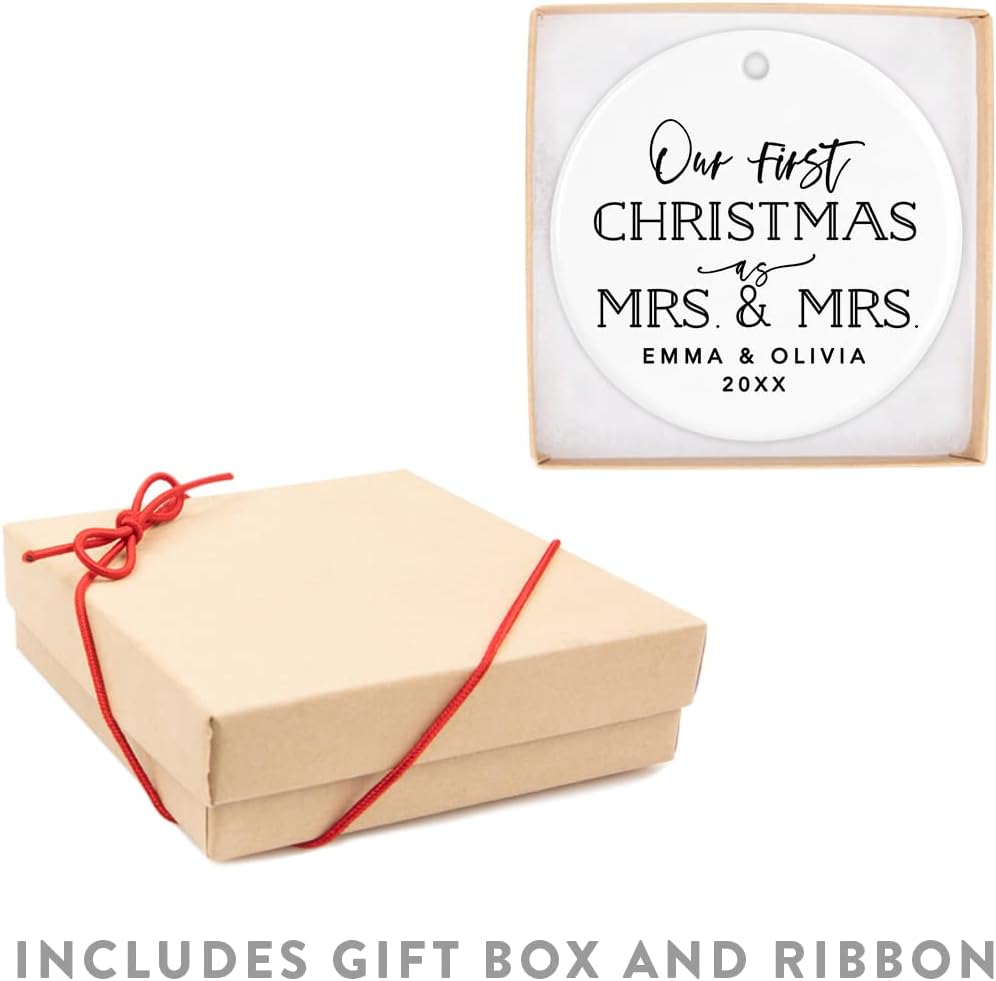 Andaz Press Personalized Our First Christmas As Mrs. & Mrs. 2025 Christmas Ornament Modern Black and White 2.8" Round Porcelain Ceramic Lesbian Married Couple Gay Women Newlyweds Keepsake 1-Pack