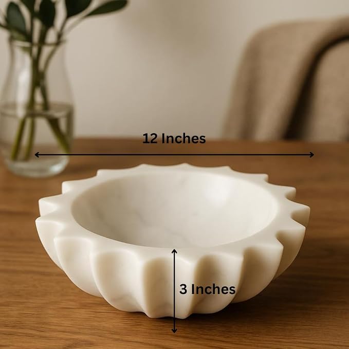 HandCrafted Marble Large Decorative Bowl | White Decorative Bowl for Home Decor | Fruit Bowl | Key/Ring Dish | Coffee Table Bowl | Fluted Scalloped Catch All Bowl for Entryway | Ideal Gift (12 Inches)