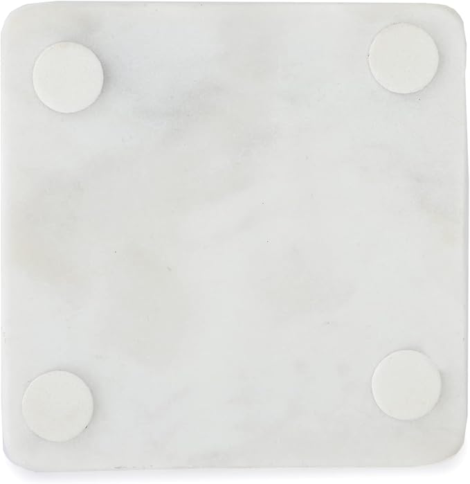 Queenza White Marble Coaster Set with Holder, 4 Inch Square Modern Coasters for Coffee Table - Coasters with Padded Bottom