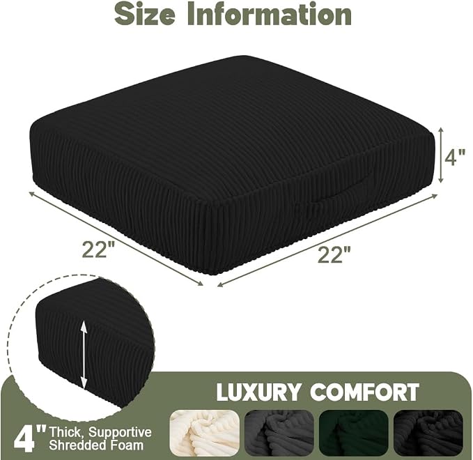 Floor Pillow for Adults, 4" Square Floor Cushions with Washable Cover, Large Corduroy Meditation Pillow, 22 inches Tatami Seat with Handle for Living Room or Yoga, Black
