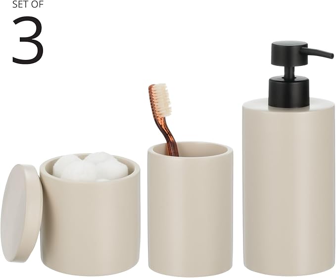 mDesign Resin 3-Piece Bathroom Vanity Countertop Accessories - Soap Dispenser, Tumbler Rinsing Cup, and Canister Holder Sets - Complete Modern Counter Aesthetic - Set of 3 - Taupe/Beige