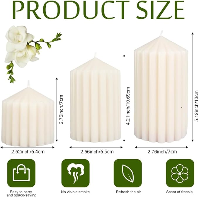6 Sets Ribbed Pillar Candles 2.8, 4.2, 5.1 Inches Heights Romantic White Soy Wax Scented Ribbed Candles for Home Decoration Birthday Gift