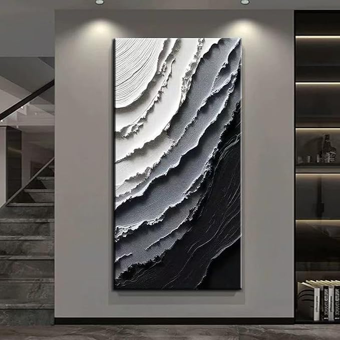 YaSheng Art -Canvas Wall Art Handmade Art Modern Abstract Wall Art, Black and White Gradient Canvas Paintings, Large Vertical Wall Art for Living Room Bedroom Office Wall Decor , 24x48inch Ready to Hang