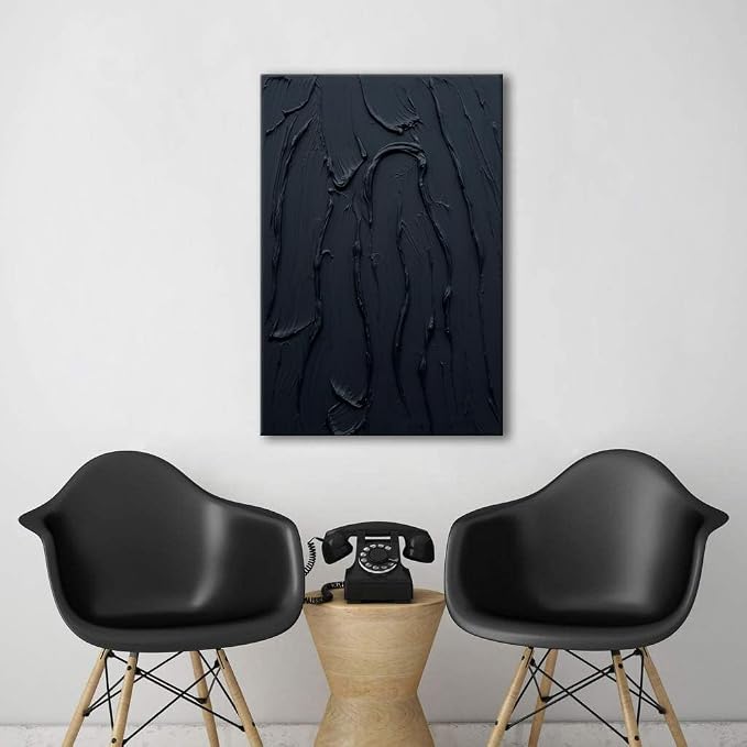 zoinart Hand Painted Pure Black Wall Art Minimalist Oil Painting 24x36 Inches Vertical Thick Textured Wall Art Home Office Decoration