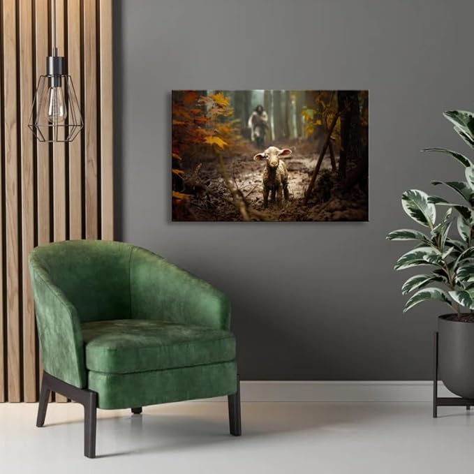 Ploceiny large artwork for wall Baptism wall art gifts for prayer room Jesus Running After Lost Lamb Picture for home decor canvas wall prints for for Living Room Bedroom decorations .(36"X24") A-399