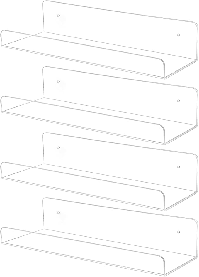 TONICE 4 Pack Acrylic Shelves for Wall 6in Floating Shelf Wall Mounted Set for Room, Bedroom, Bathroom, Kitchen, Living Room, Office Book Shelf Storage Decor