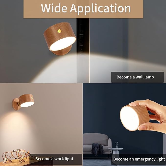 LANDGOO Wood Wall Sconce, Sapele Wood Magnetic 360° Rotatable Cordless Bedside Lamp Set, Rechargeable & Dimmable LED Lights with Touch Control, Wireless Wall Mount for Bedroom