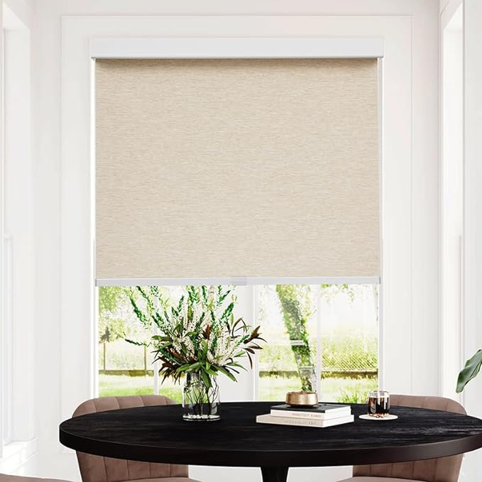 Persilux Light Filtering Roller Blinds for Windows Free-Stop Cordless Window Shades (Khaki 39" x 72") Natural Woven Fabric UV Protection Privacy Window Blinds for Indoor Windows, Home, Outdoor, Office