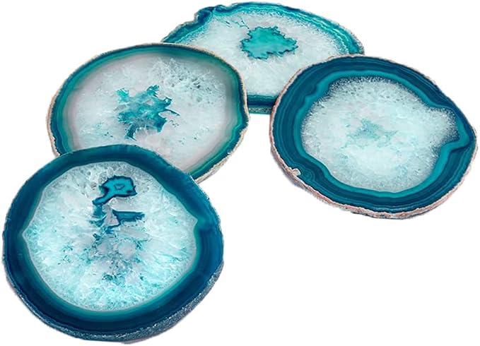 AMOYSTONE Teal Agate Coasters for Drinks - Set of 4 Geode Crystal Quartz Rock Slices With Rubber Bumpers 3-3.5"